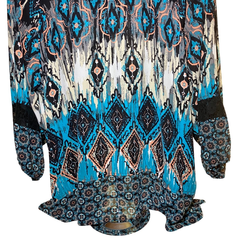 Multiples Peasant Blouse Women 3X Blue Boho Mixed Print Tassel Lace Trim Top - Picture 11 of 12